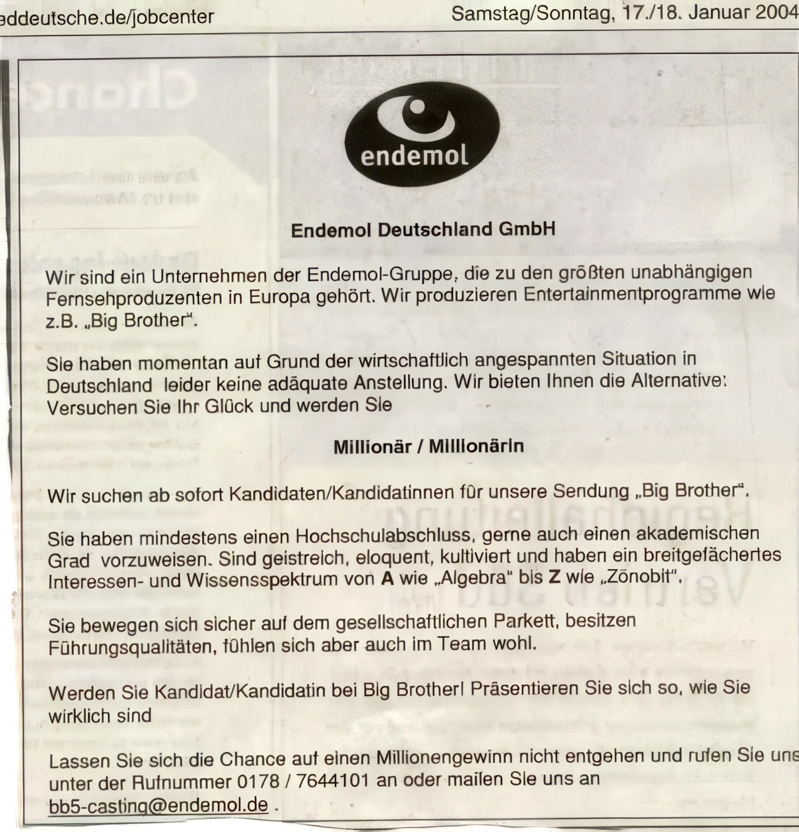 Casting-Anzeige Big Brother 5 Staffel 5 Deutschland 2004
